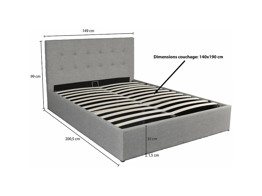 Lit coffre 2 places 140x190cm tissu Gris clair avec sommier PAMA