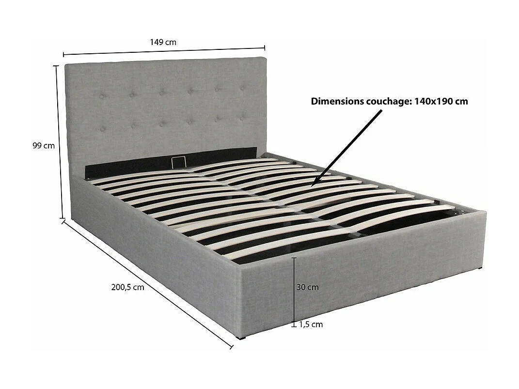 Lit coffre 2 places 140x190cm tissu Gris clair avec sommier PAMA