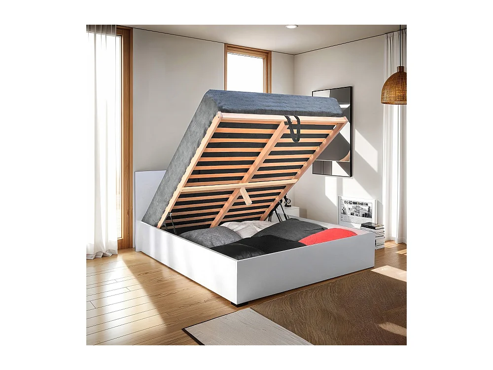 Lit coffre 2 places 140x190cm Blanc avec sommier MARO