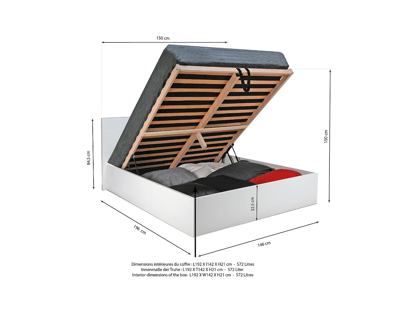 Lit coffre 2 places 140x190cm Blanc avec sommier MARO