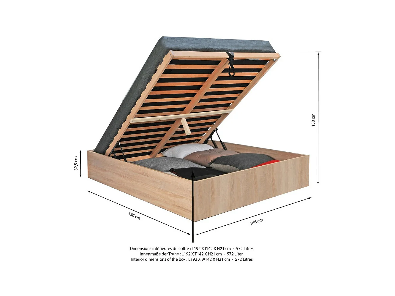 Lit coffre 2 places 140x190cm couleur chêne avec sommier BILYBA