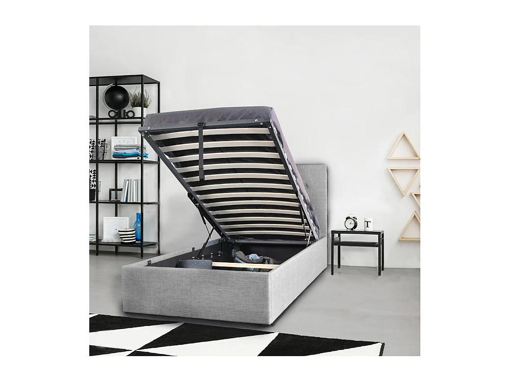 Lit coffre 1 place 90x190cm tissu Gris clair avec sommier PAMA