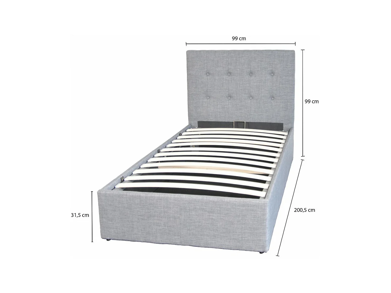 Lit coffre 1 place 90x190cm tissu Gris clair avec sommier PAMA