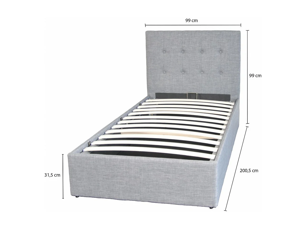 Lit coffre 1 place 90x190cm tissu Gris clair avec sommier PAMA