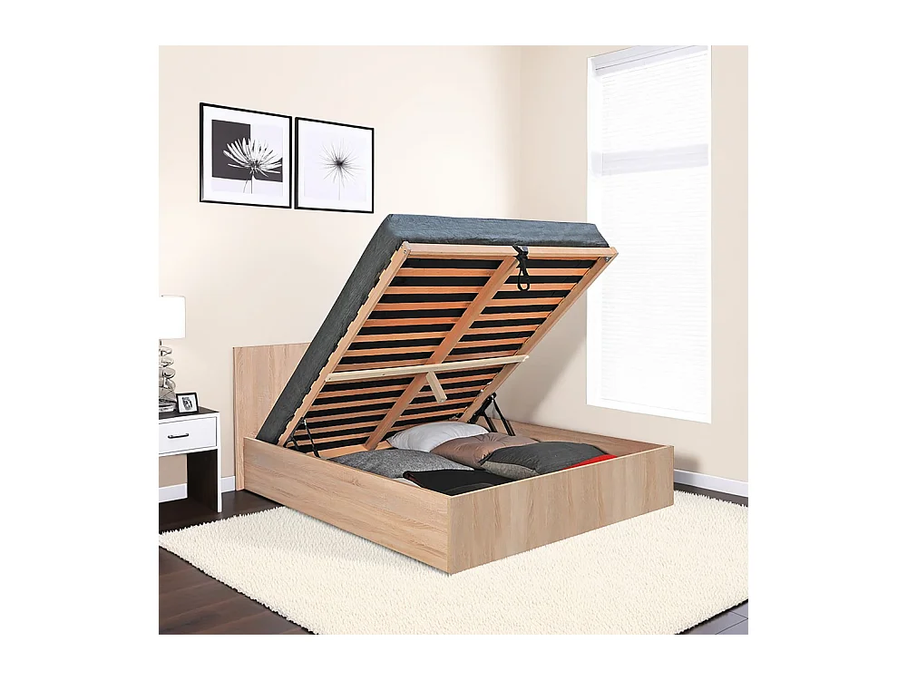 Lit coffre 2 places 140x190cm couleur chêne avec sommier MARO
