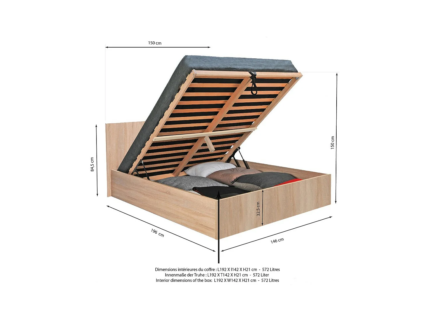 Lit coffre 2 places 140x190cm couleur chêne avec sommier MARO