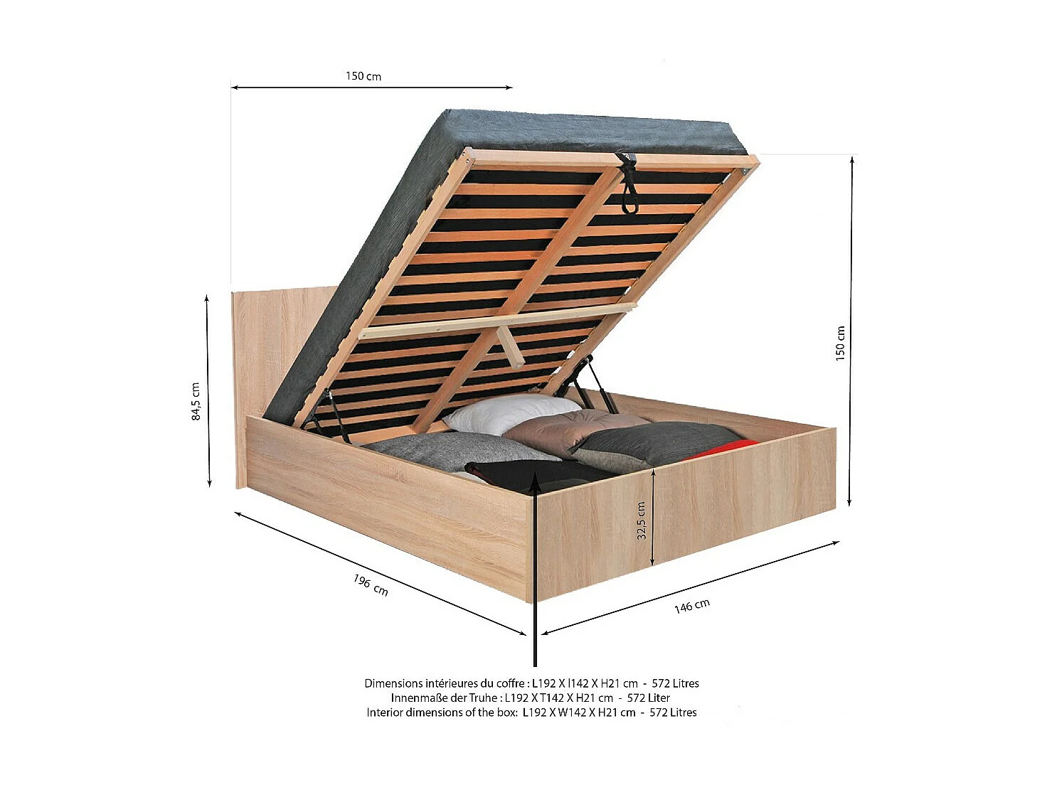 Lit coffre 2 places 140x190cm couleur chêne avec sommier MARO