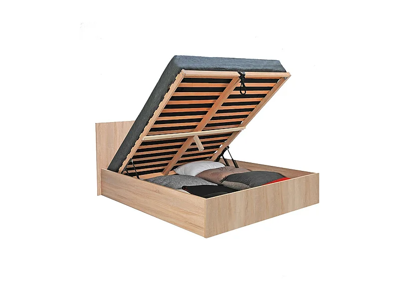 Lit coffre 2 places 140x190cm couleur chêne avec sommier MARO