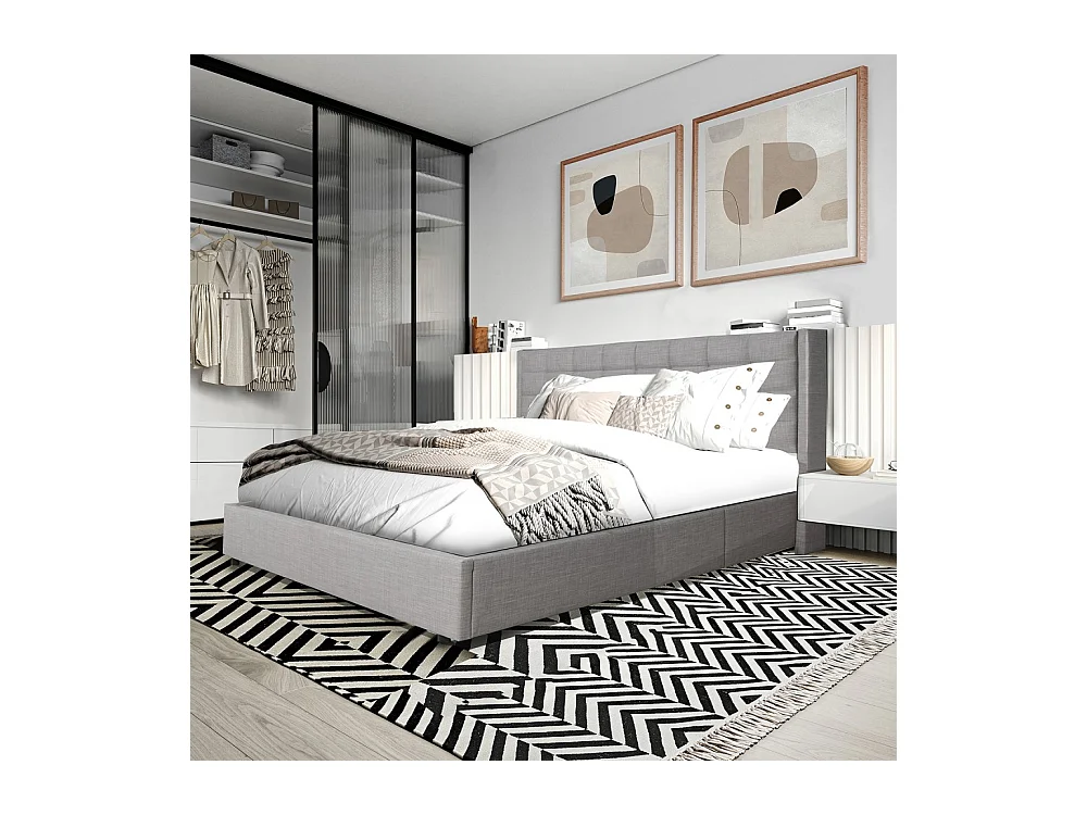 Lit coffre 2 places 160x200cm tissu Gris clair avec sommier WALLE