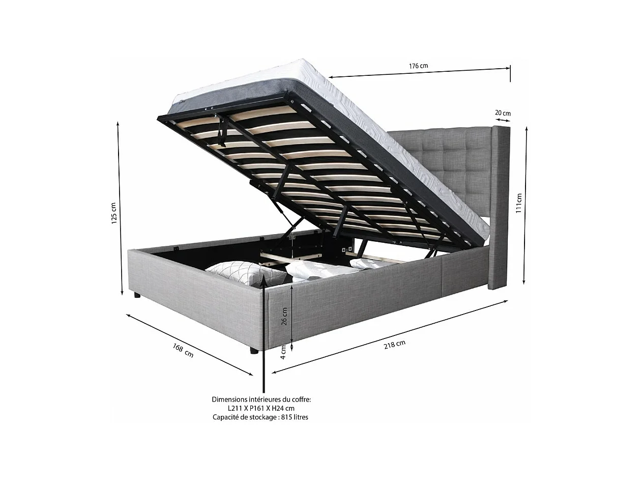 Lit coffre 2 places 160x200cm tissu Gris clair avec sommier WALLE