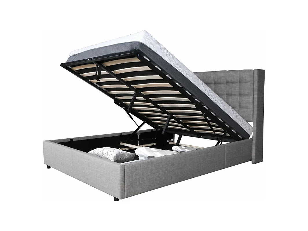 Lit coffre 2 places 160x200cm tissu Gris clair avec sommier WALLE