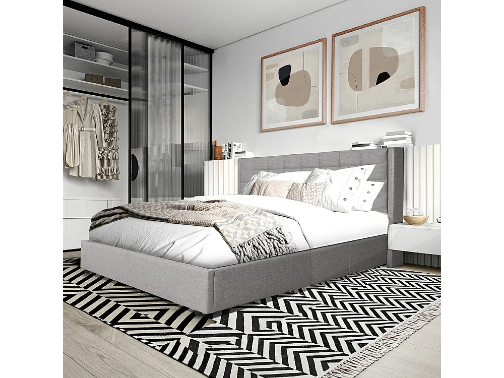 Lit coffre 2 places 160x200cm tissu Gris clair avec sommier WALLE