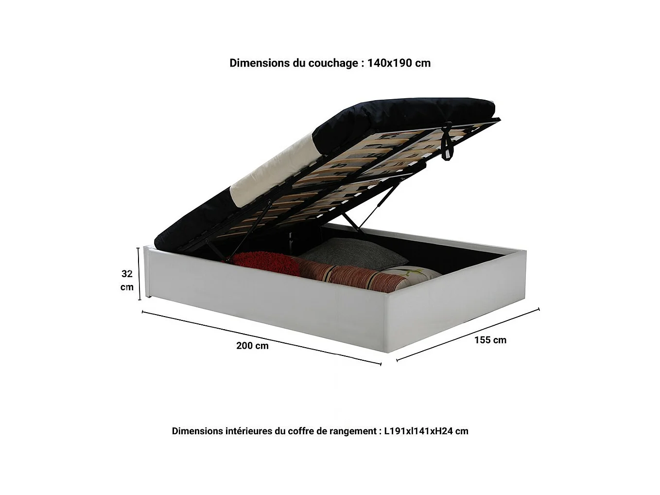 Lit coffre 2 places 140x190cm blanc avec sommier TURIN