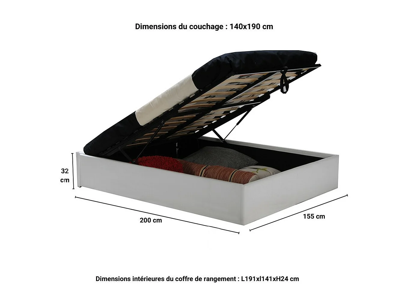 Lit coffre 2 places 140x190cm blanc avec sommier TURIN