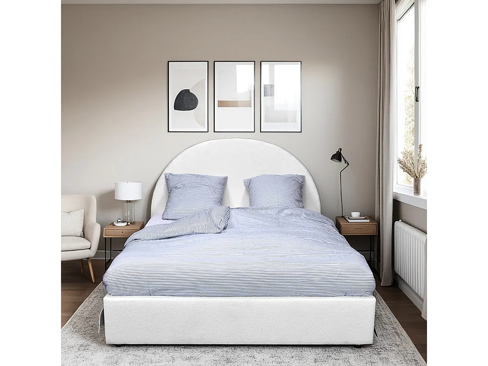 Lit coffre 2 places 140x190cm tissu bouclette blanc avec sommier SHER