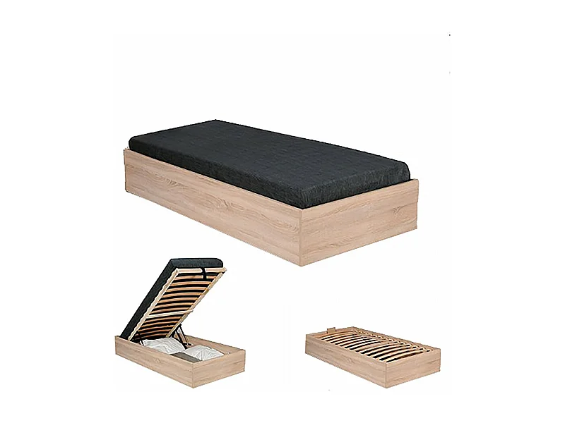 Lit coffre 1 place 90x200cm couleur Chêne avec sommier BILY