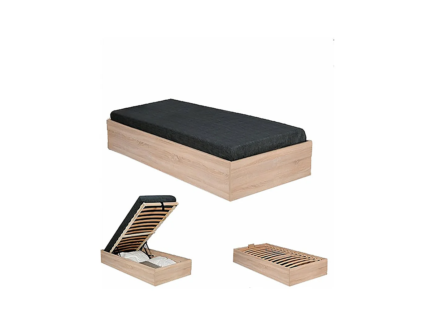 Lit coffre 1 place 90x200cm couleur Chêne avec sommier BILY