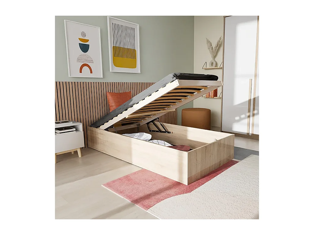 Lit coffre 1 place 90x200cm couleur Chêne avec sommier BILY