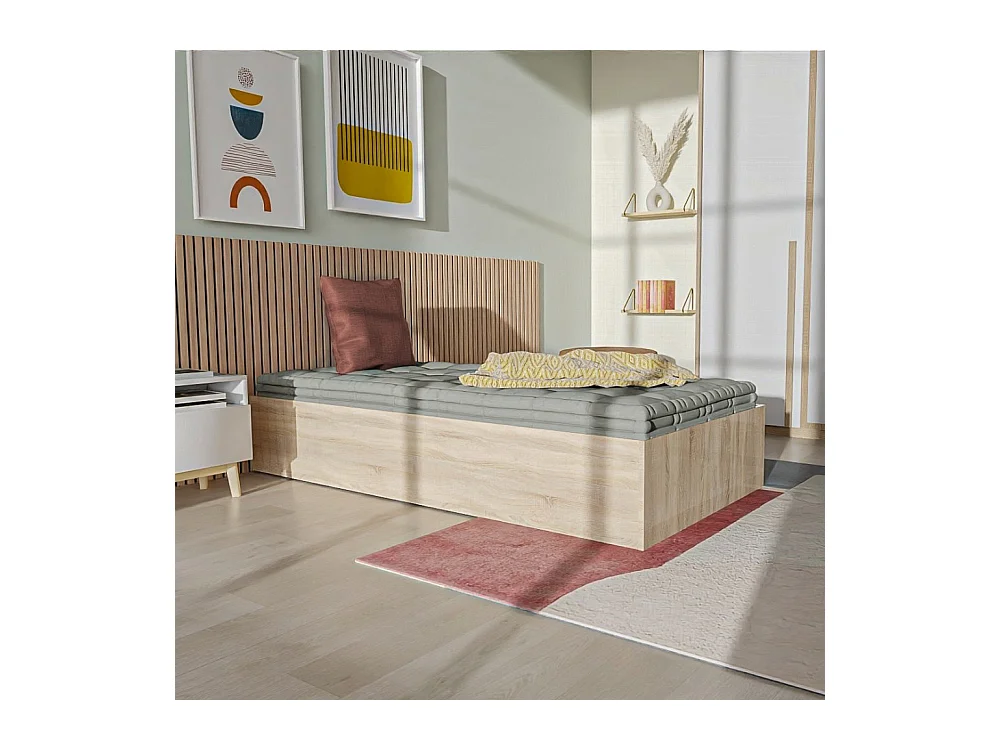 Lit coffre 1 place 90x200cm couleur Chêne avec sommier BILY