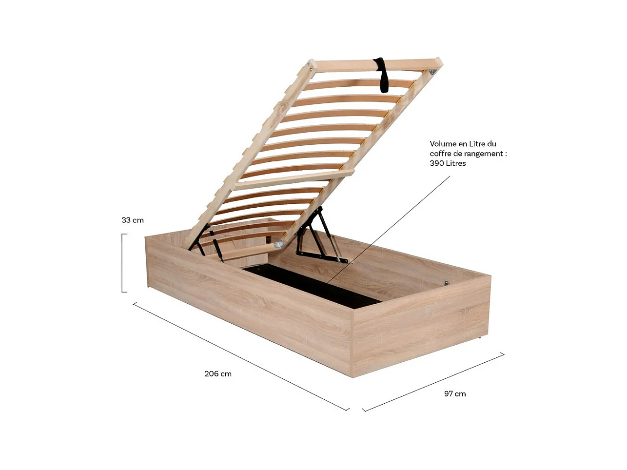 Lit coffre 1 place 90x200cm couleur Chêne avec sommier BILY