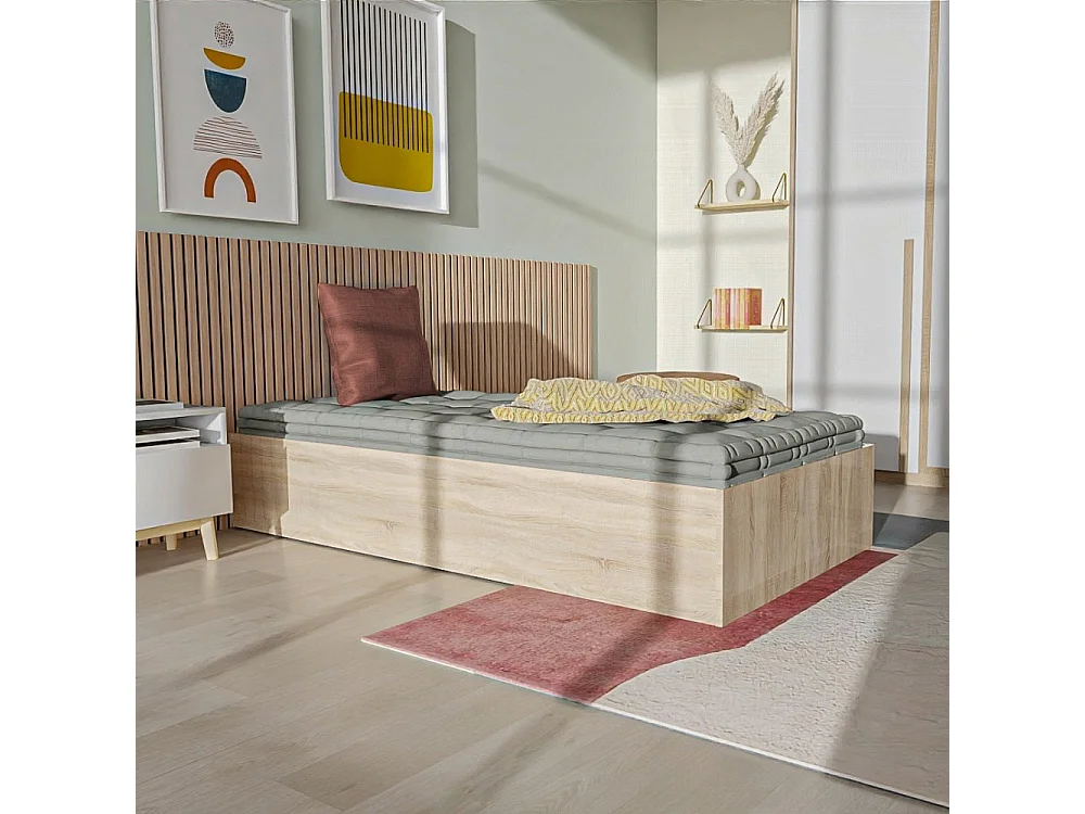 Lit coffre 1 place 90x200cm couleur Chêne avec sommier BILY