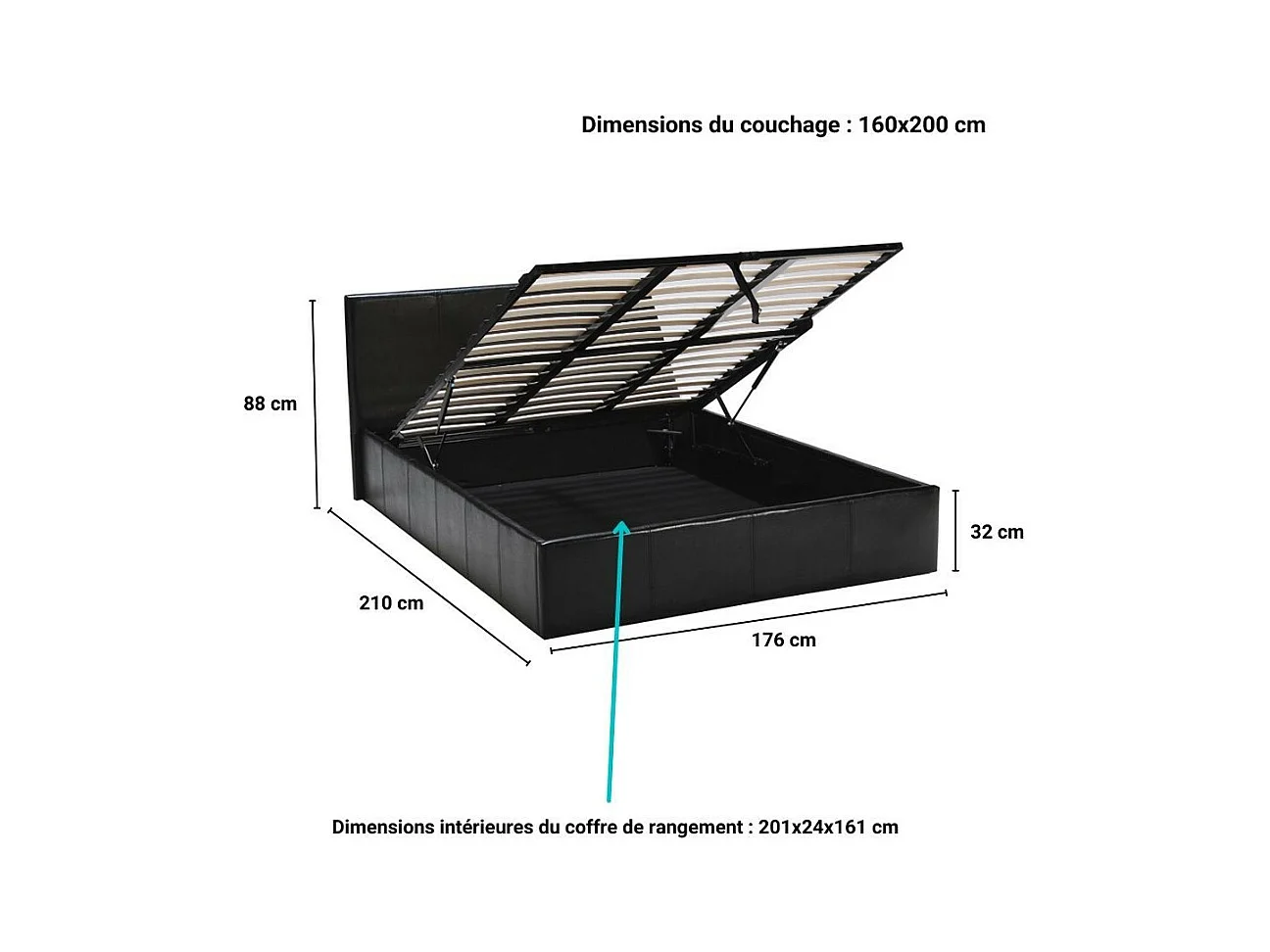 Lit coffre 2 places 160x200cm Noir avec sommier BACELAN