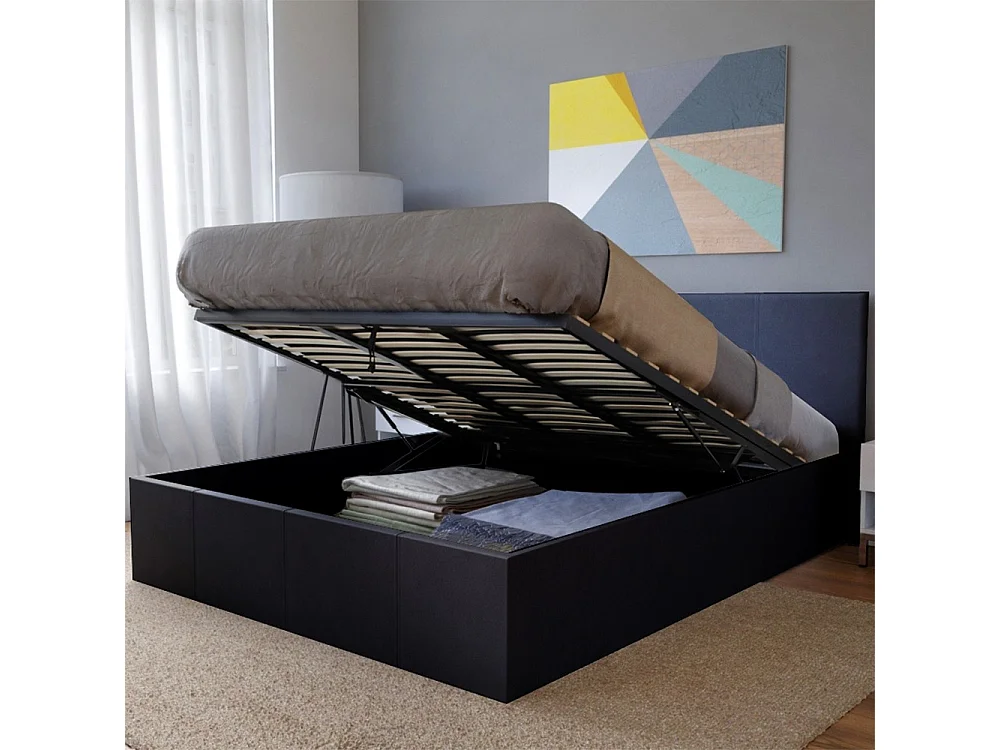 Lit coffre 2 places 160x200cm Noir avec sommier BACELAN