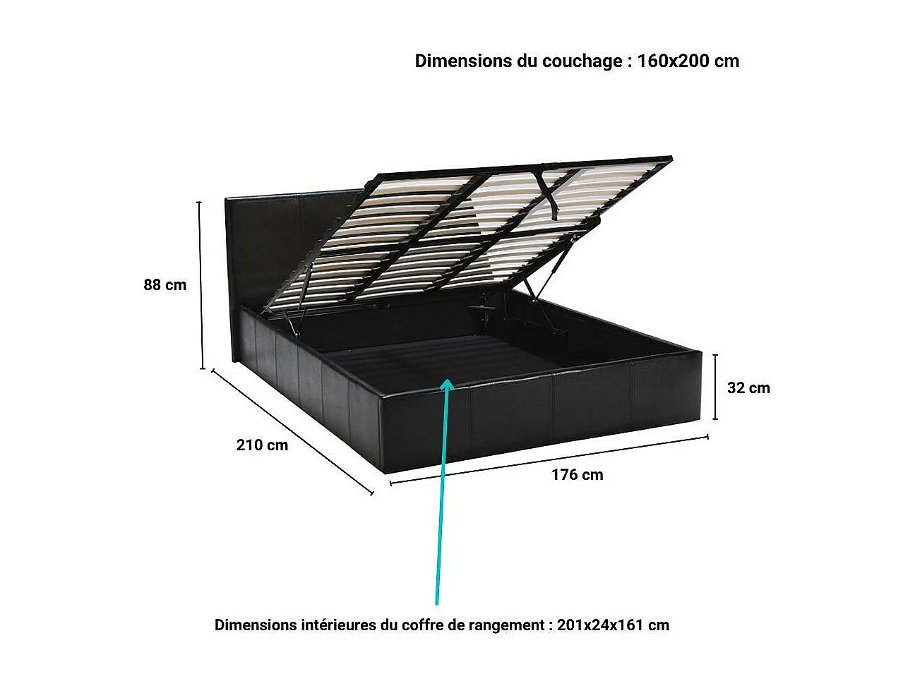Lit coffre 2 places 160x200cm Noir avec sommier BACELAN