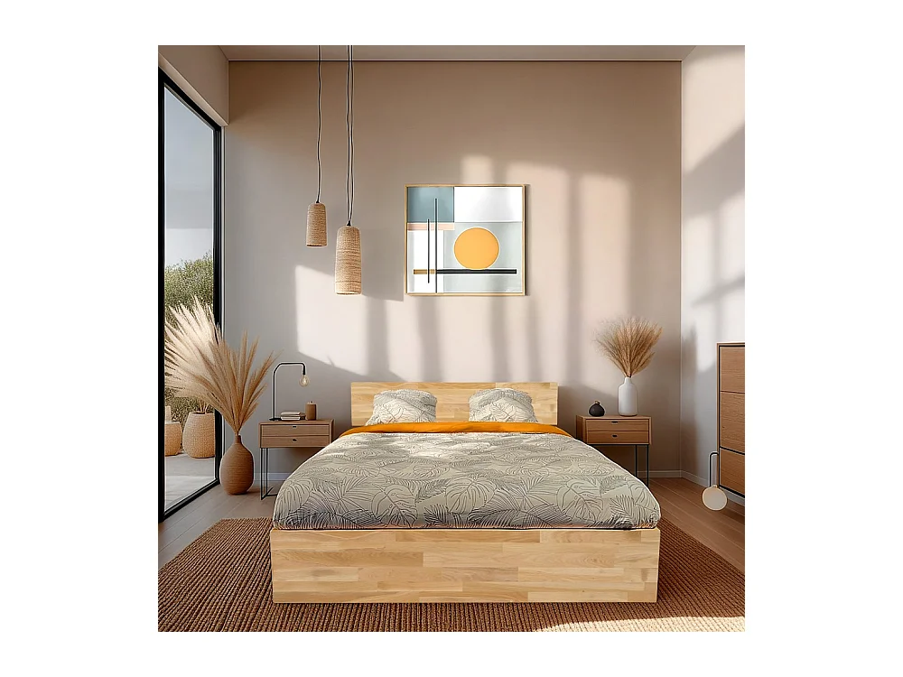 Lit coffre 2 places 140x200cm Chêne massif huilé avec sommier MALI