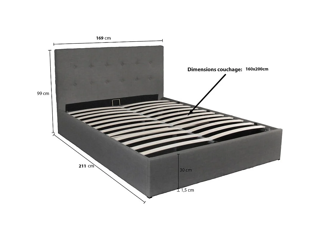 Lit coffre 2 places 160x200cm tissu Gris foncé avec sommier PAMA