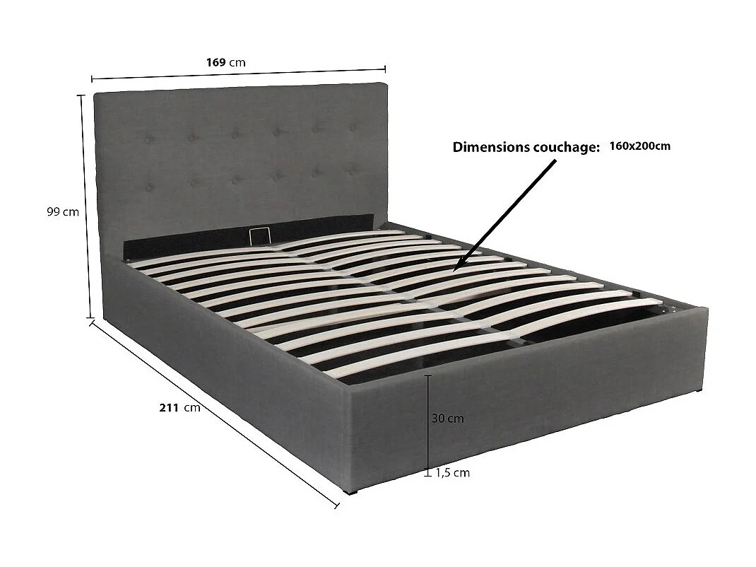 Lit coffre 2 places 160x200cm tissu Gris foncé avec sommier PAMA
