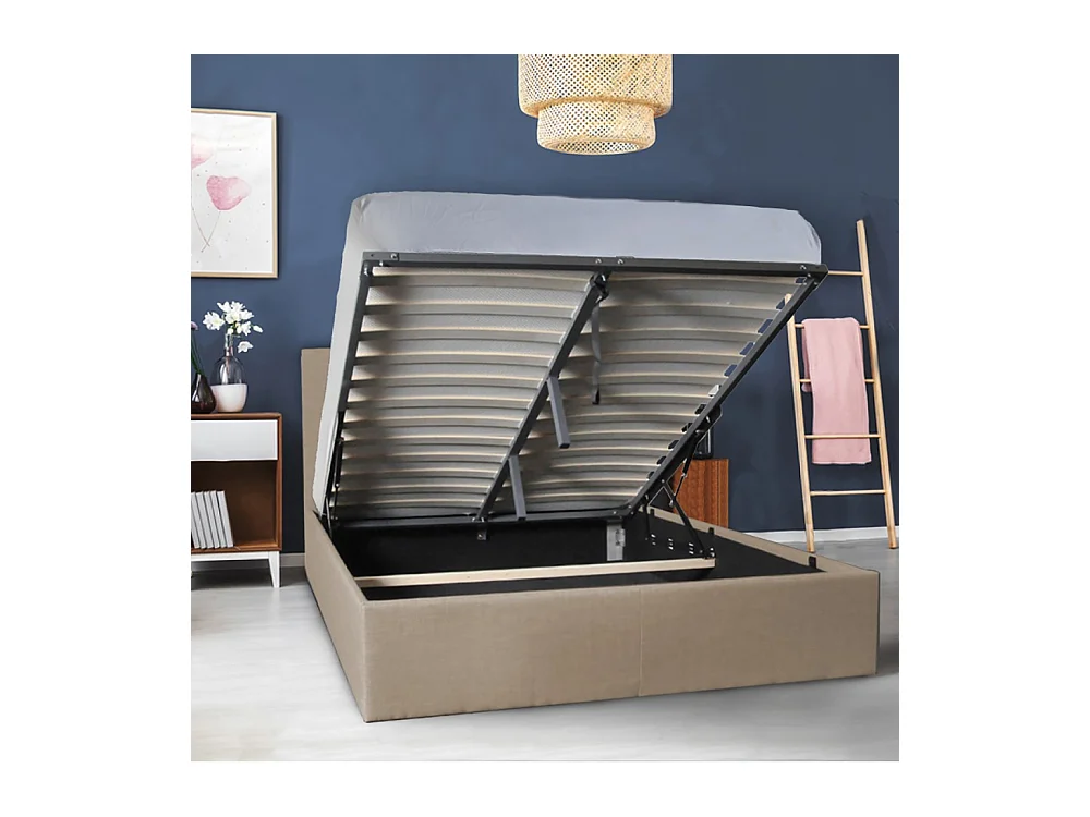 Lit coffre 2 places 140x190cm tissu Beige avec sommier PAMA