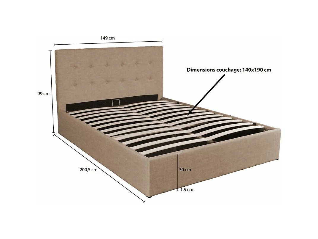 Lit coffre 2 places 140x190cm tissu Beige avec sommier PAMA