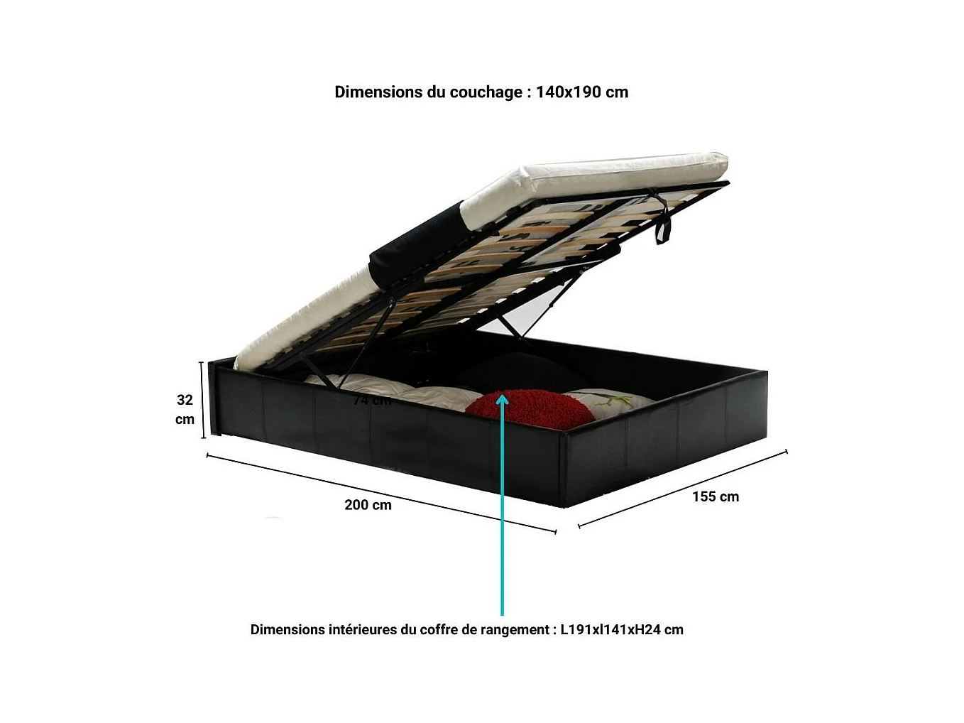 Lit coffre 2 places 140x190cm Noir avec sommier TURIN