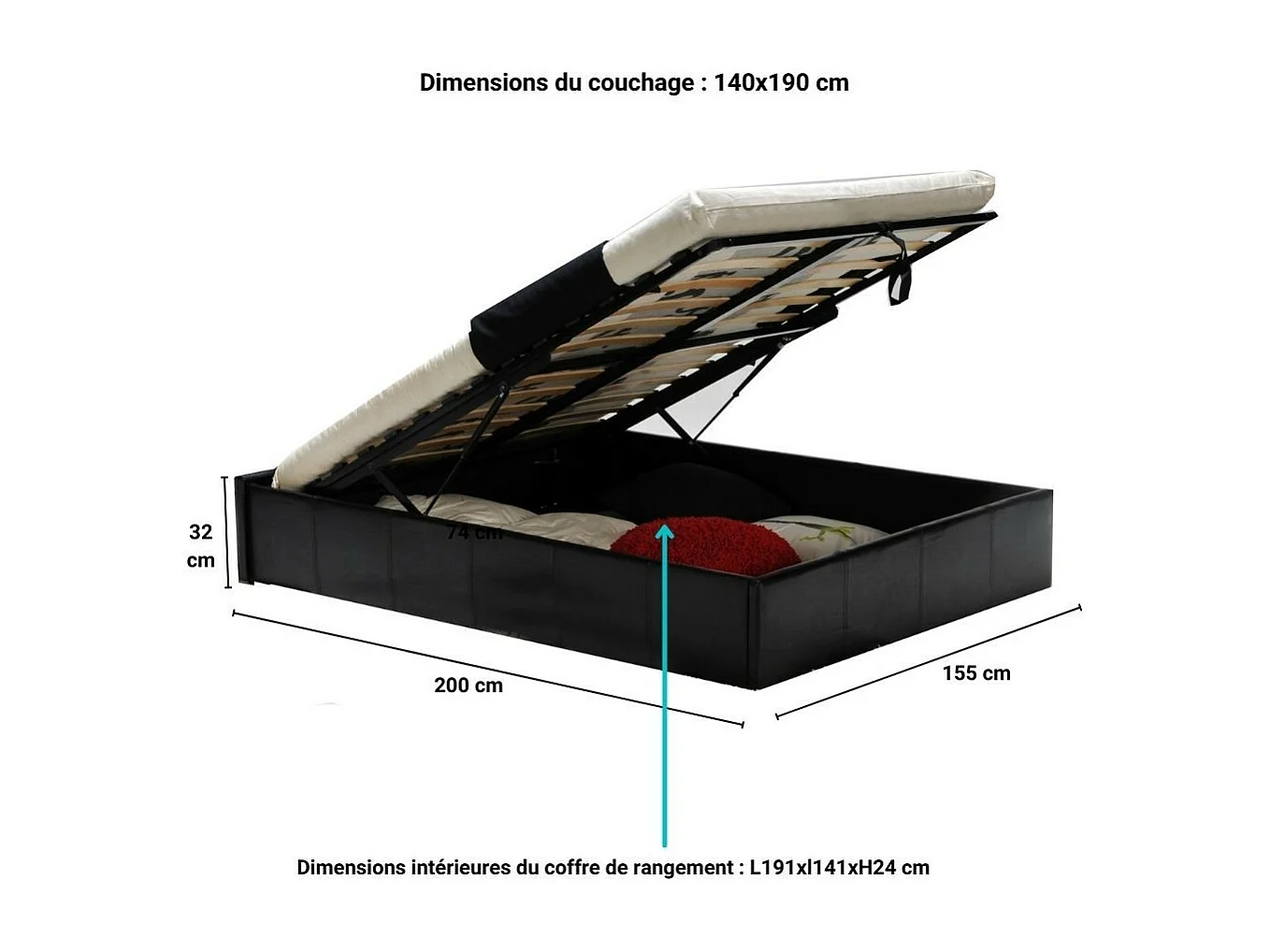 Lit coffre 2 places 140x190cm Noir avec sommier TURIN