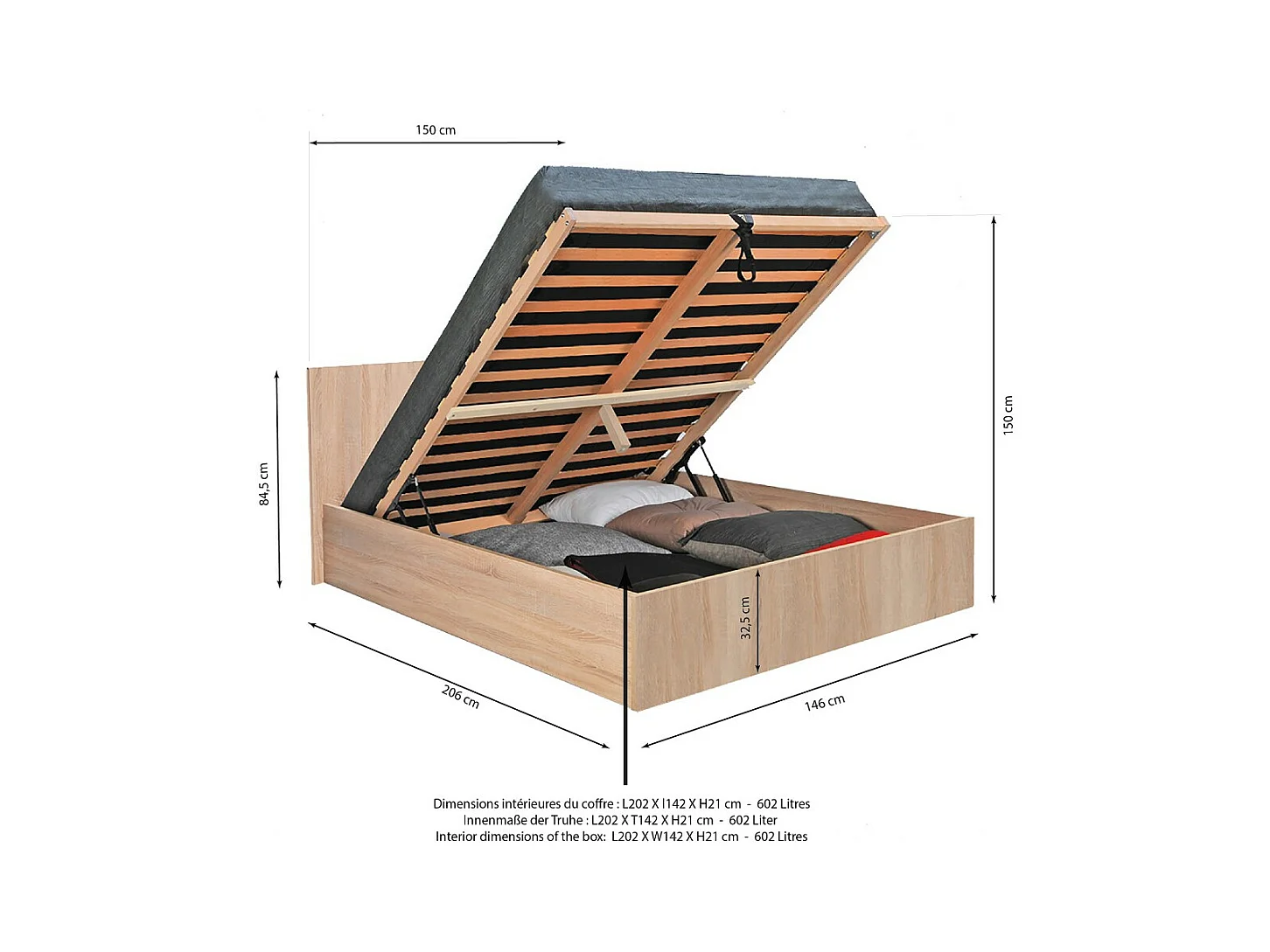 Lit coffre 2 places 140x200cm couleur chêne avec sommier MARO