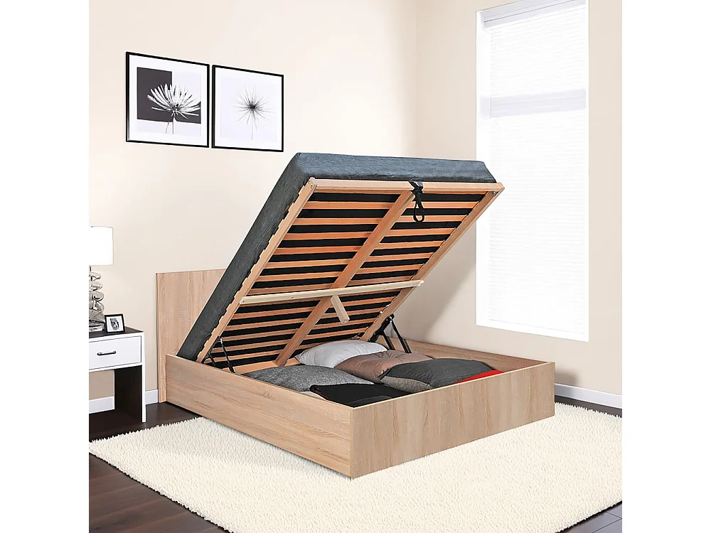 Lit coffre 2 places 140x200cm couleur chêne avec sommier MARO