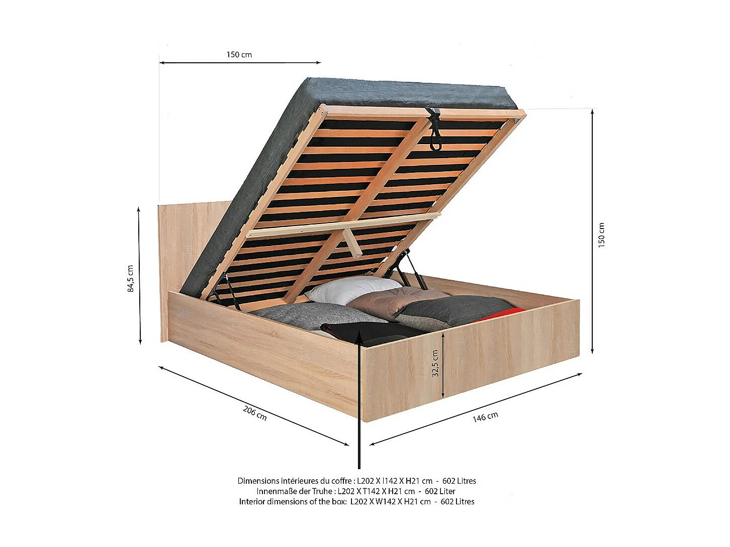 Lit coffre 2 places 140x200cm couleur chêne avec sommier MARO