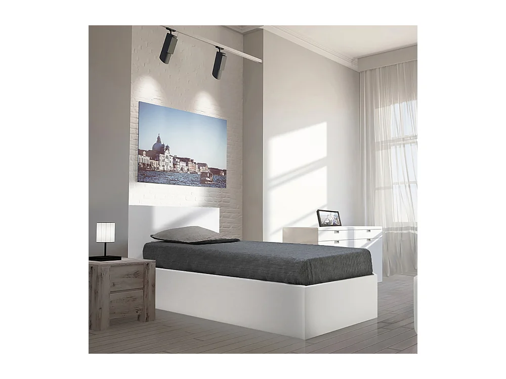 Lit coffre 1 place 90x200cm couleur Blanc avec sommier MARO