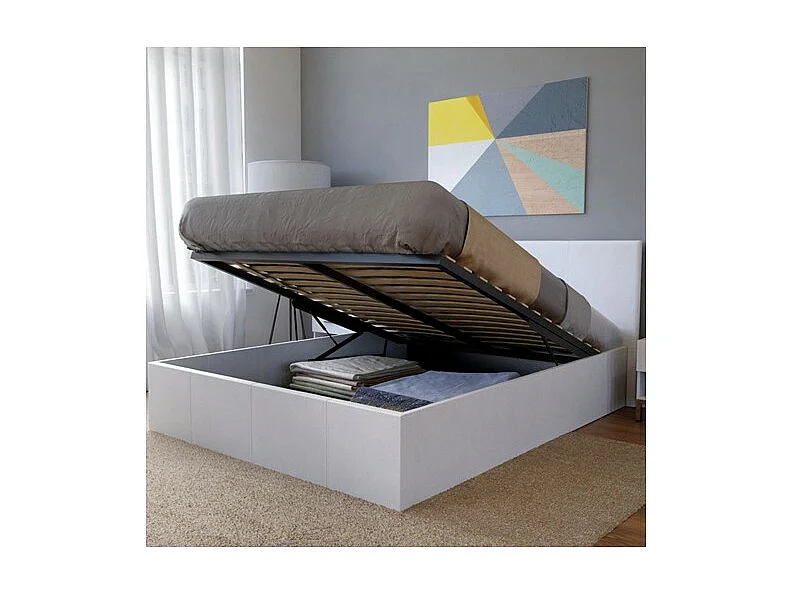 Lit coffre 2 places 140x190cm blanc avec sommier BACELAN