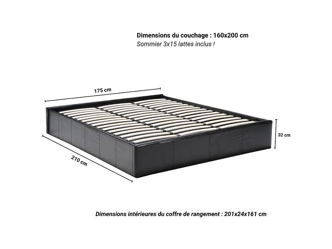 Lit coffre 2 places 160x200cm Noir avec sommier TURIN