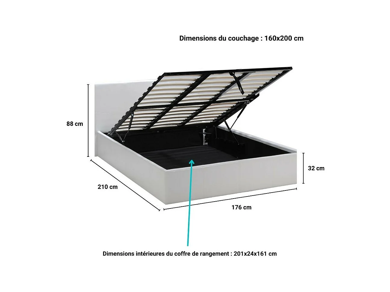 Lit coffre 2 places 160x200cm blanc avec sommier BACELAN