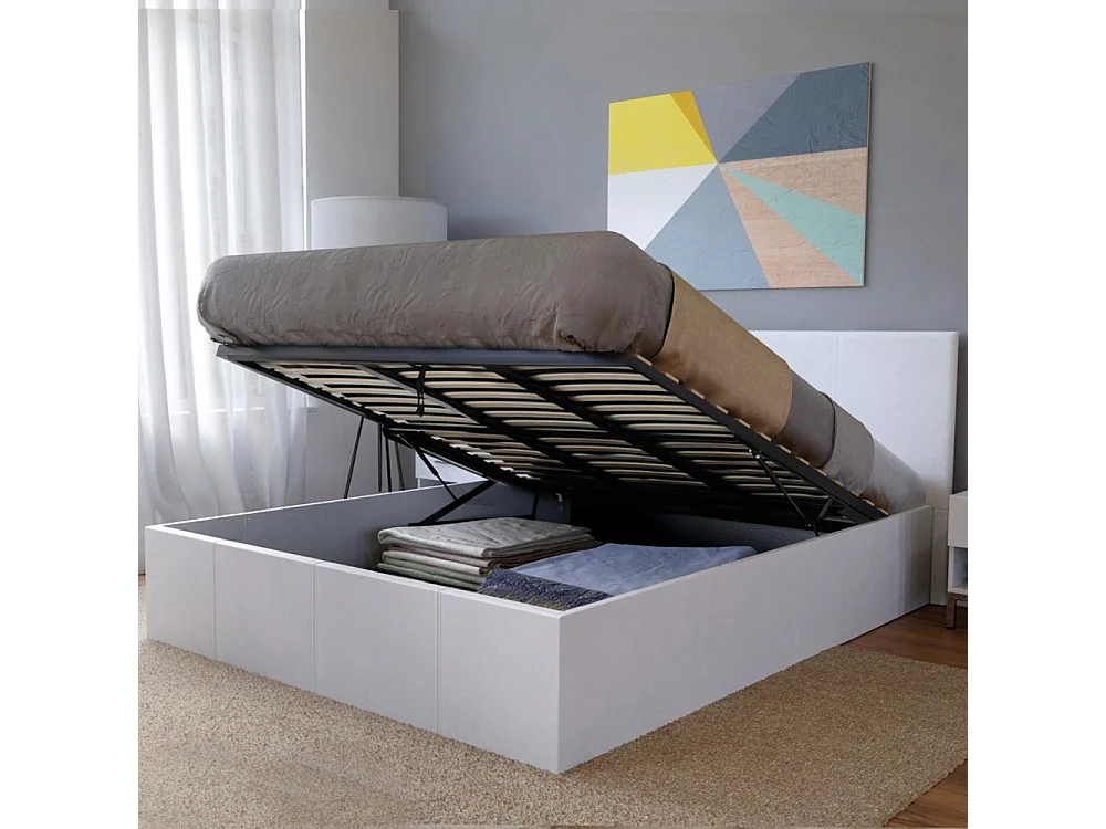 Lit coffre 2 places 160x200cm blanc avec sommier BACELAN