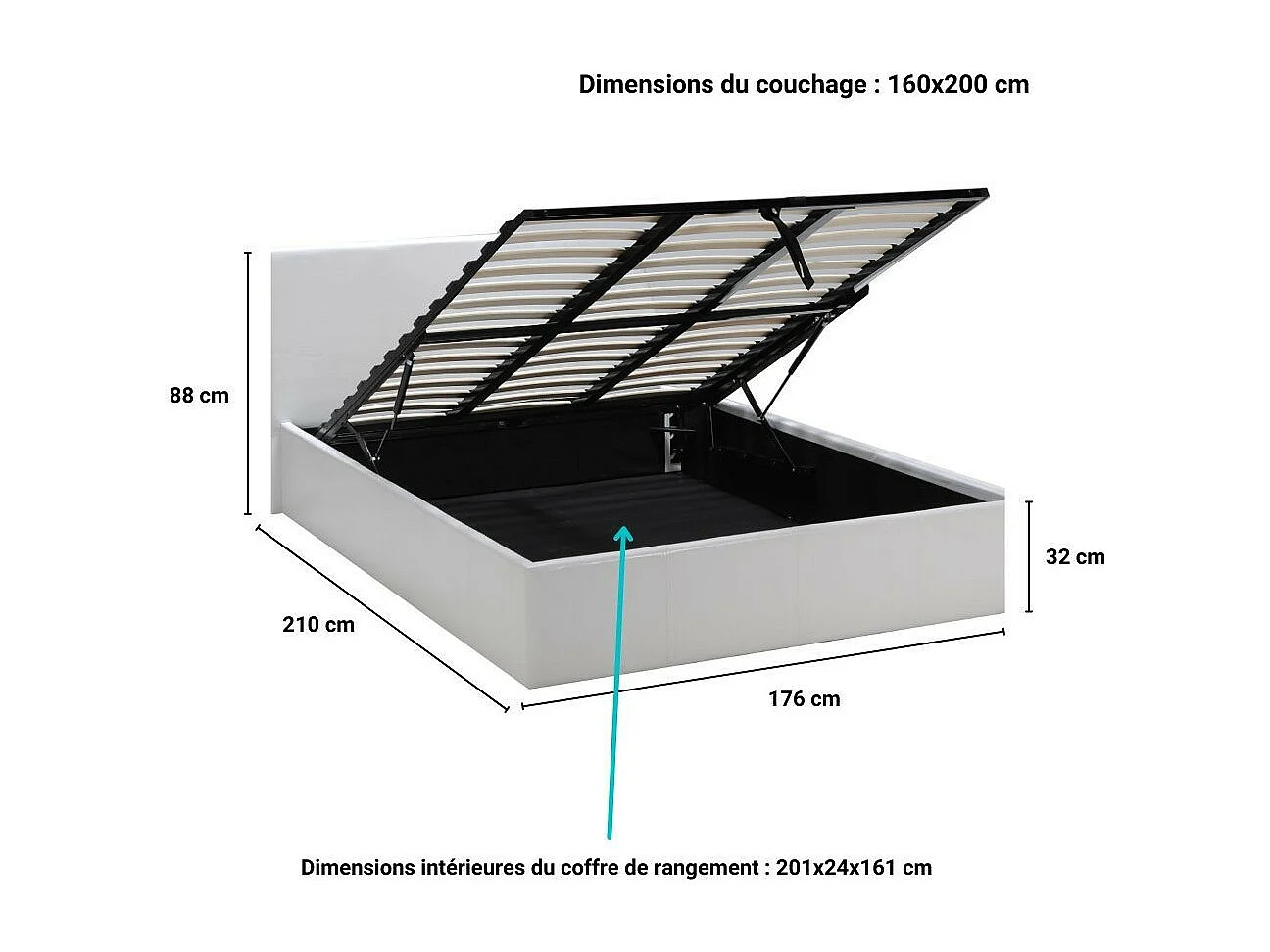 Lit coffre 2 places 160x200cm blanc avec sommier BACELAN