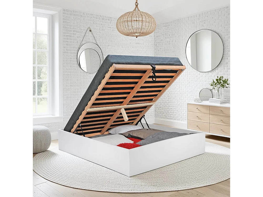 Lit coffre 2 places 140x190cm couleur Blanc avec sommier BILYBA