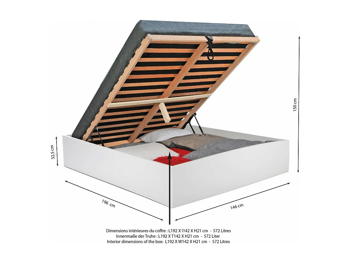 Lit coffre 2 places 140x190cm couleur Blanc avec sommier BILYBA