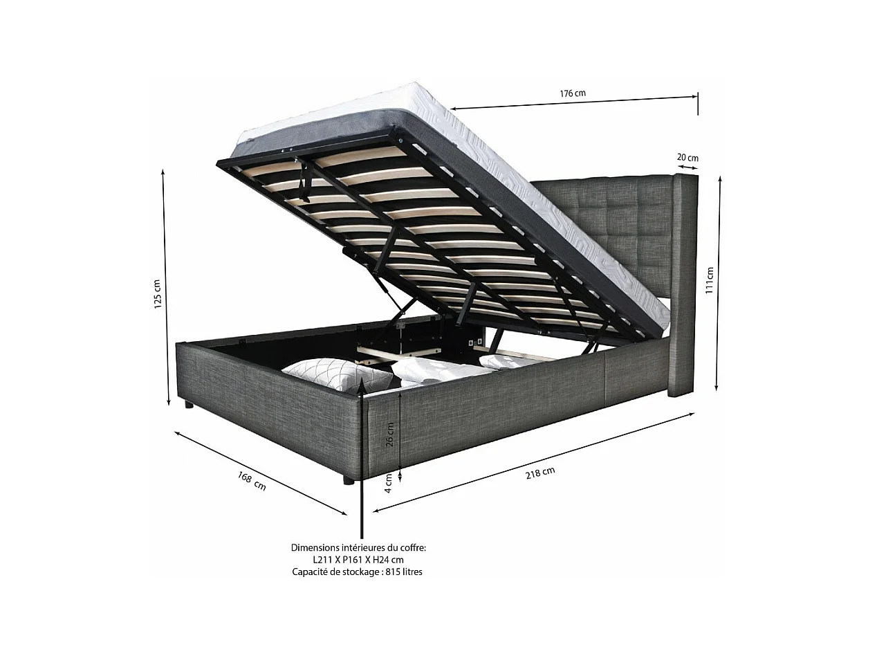 Lit coffre 2 places 160x200cm tissu Gris foncé avec sommier WALLE
