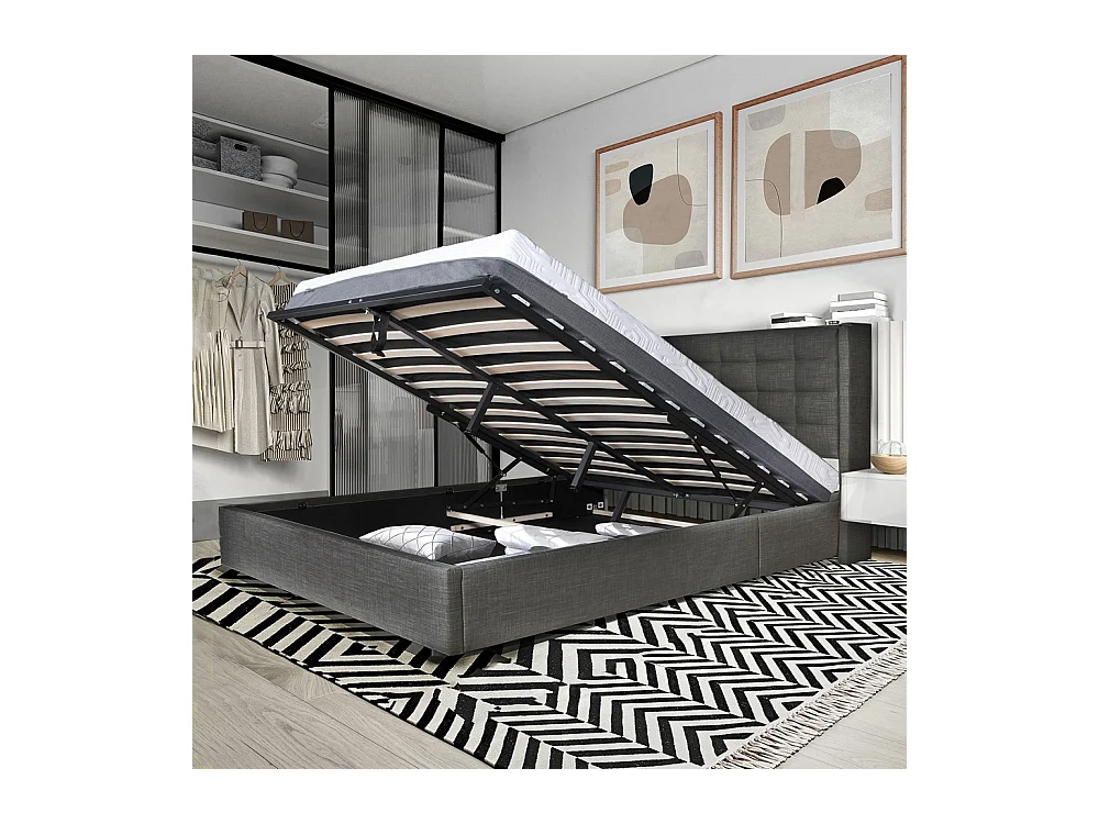 Lit coffre 2 places 160x200cm tissu Gris foncé avec sommier WALLE