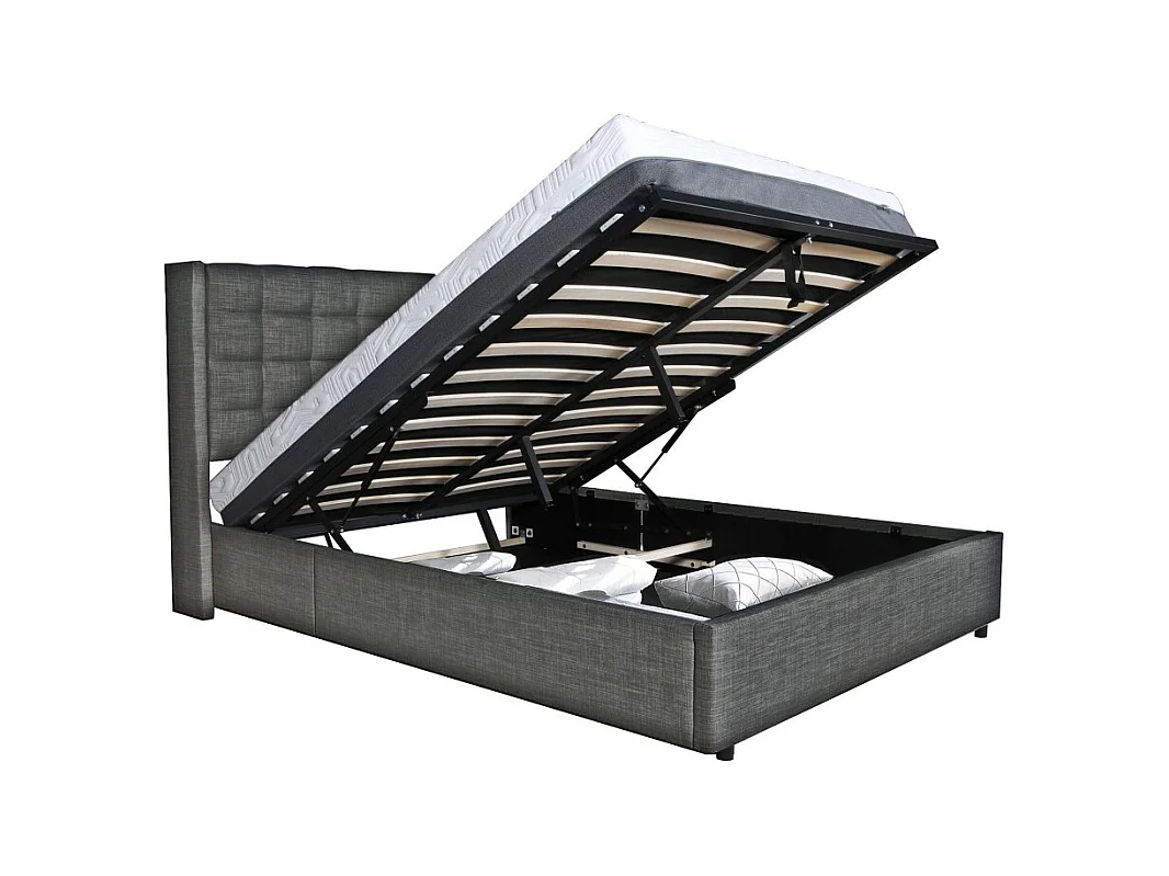 Lit coffre 2 places 160x200cm tissu Gris foncé avec sommier WALLE