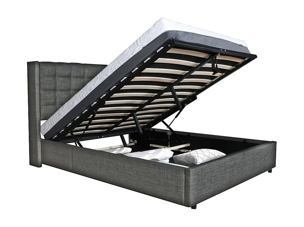 Lit coffre 2 places 160x200cm tissu Gris foncé avec sommier WALLE